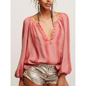 EUC Free People Against All Odds Blouse Bohemian Coral Grommet Loose $128 Size M
